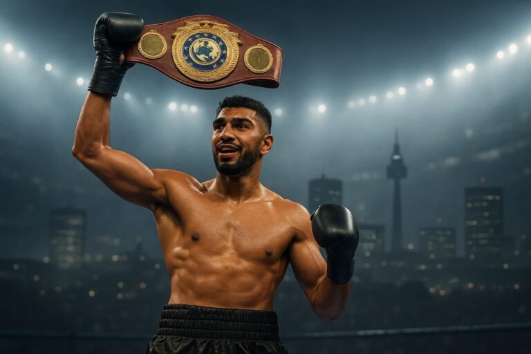 A cinematic landscape of a victorious boxer holding a European-style championship belt aloft in a misty arena, with the Birmingham skyline glowing softly in the background — symbolising triumph, ambition, and the atmosphere of a major boxing night.