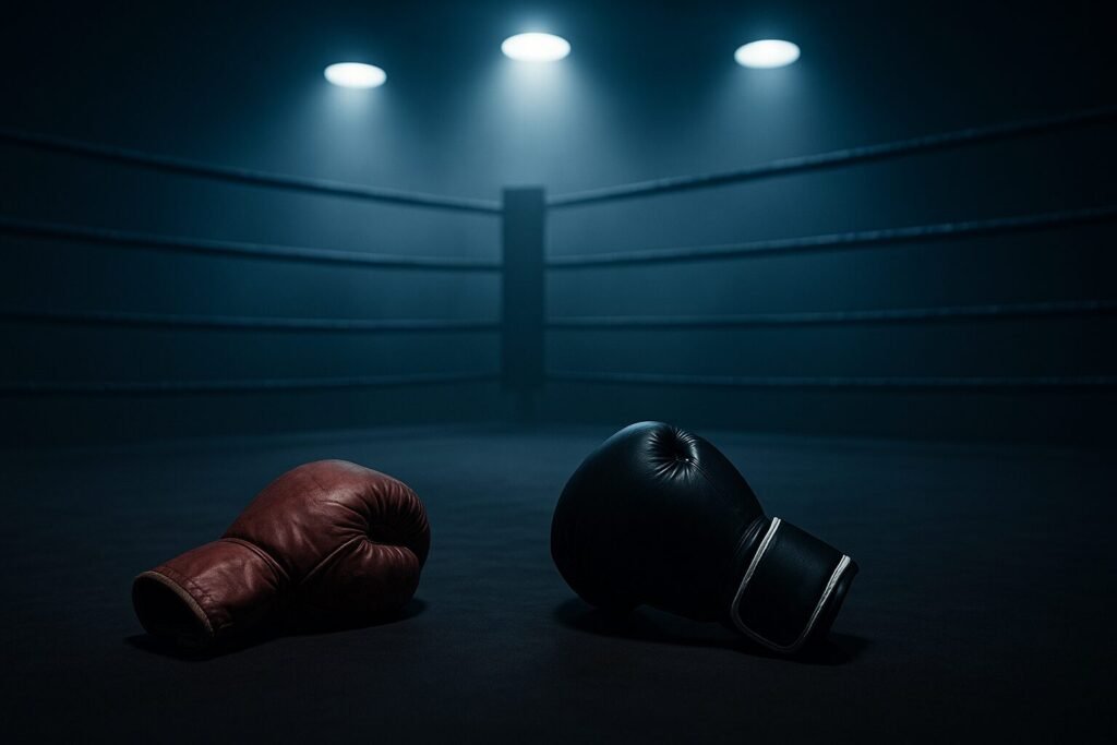 Old, worn boxing glove beside a modern glove on the canvas of an empty ring under cold blue spotlights, symbolising the end of a 30-year father-and-son rivalry.