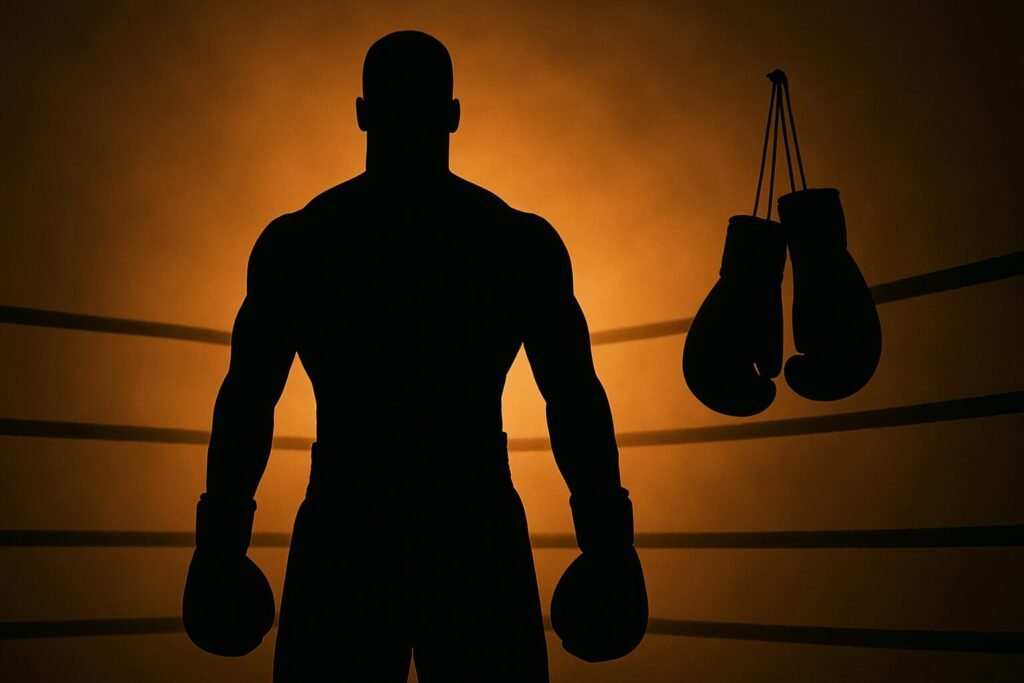 Silhouette of a lone boxer standing in a dimly lit ring with dramatic orange backlight and hanging gloves, symbolising tension and spectacle in modern boxing.”