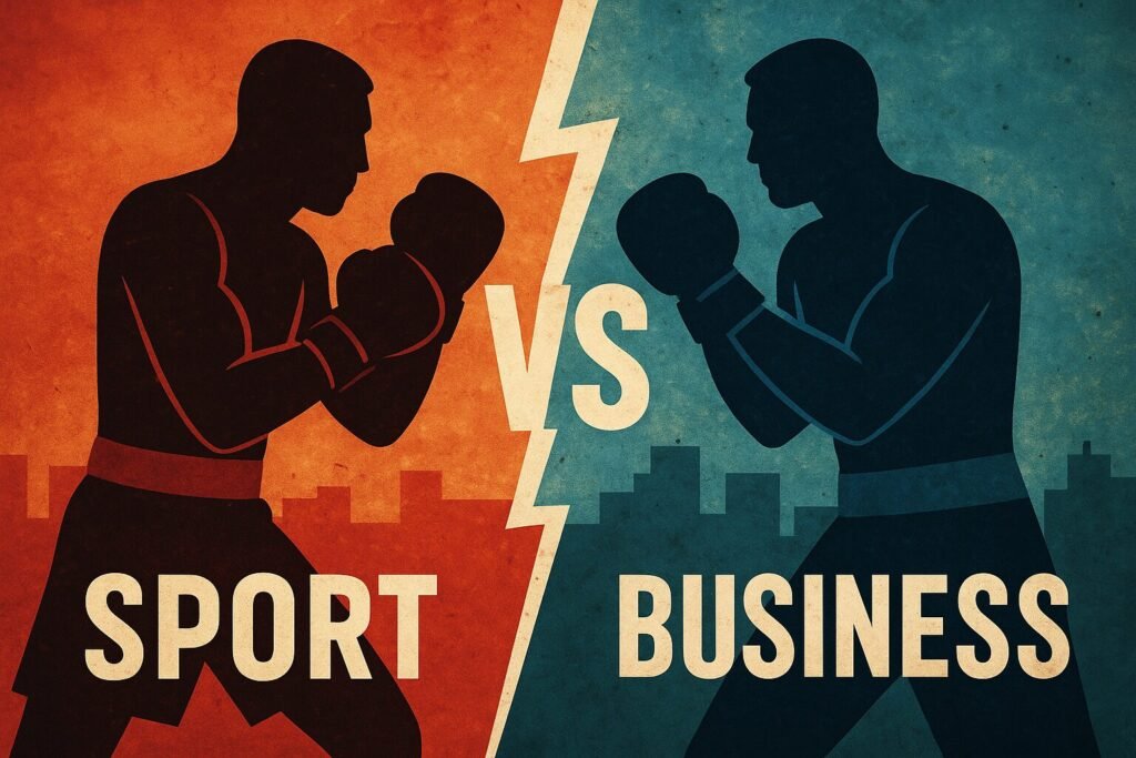 A dramatic landscape illustration showing two silhouetted boxers facing off, one labelled “Sport” and the other “Business”, divided by a lightning bolt to symbolise the tension between boxing ambition and commercial hype — reflecting the Anthony Joshua vs Jake Paul narrative.