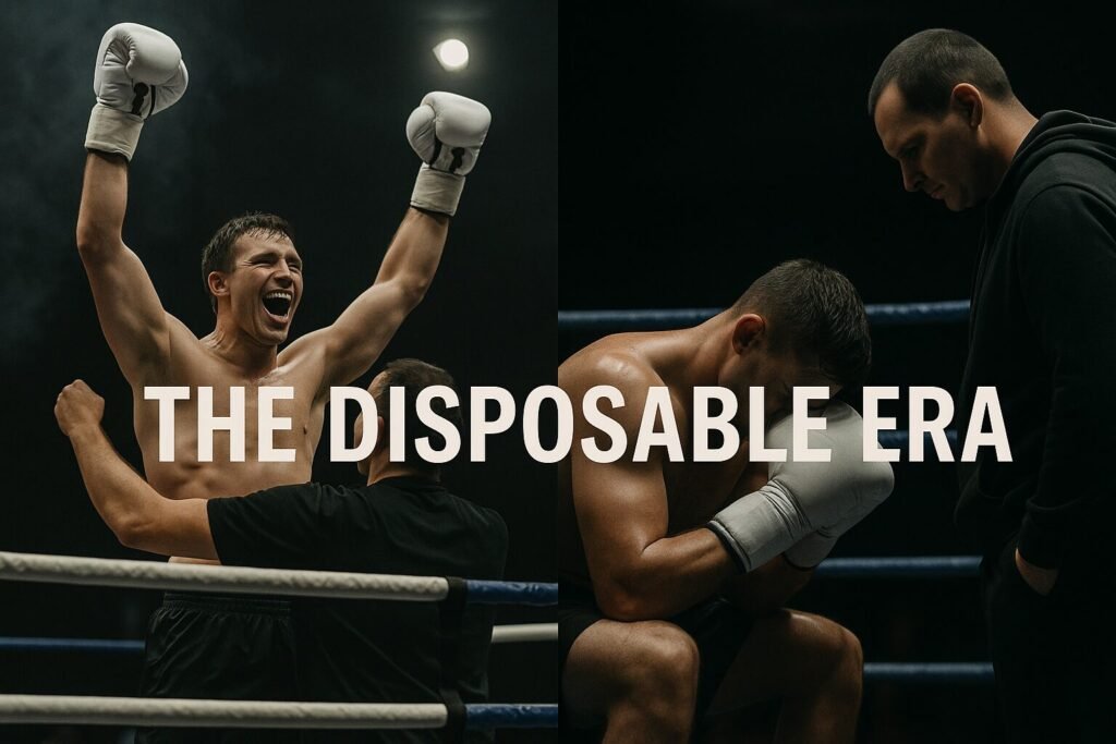 Split-screen boxing image showing two contrasting corners: left side with a fighter celebrating victory as his trainer lifts his arms, right side with a defeated boxer sitting on the stool while his trainer stands over him, creating a visual metaphor for the disposable era of trainers.