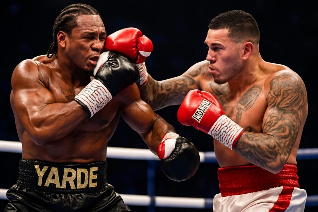 A dramatic action shot of David Benavidez landing a heavy right hook on Anthony Yarde during their fight, with both men tense, focused, and illuminated under intense arena lighting.