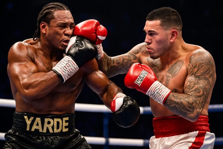 A dramatic action shot of David Benavidez landing a heavy right hook on Anthony Yarde during their fight, with both men tense, focused, and illuminated under intense arena lighting.