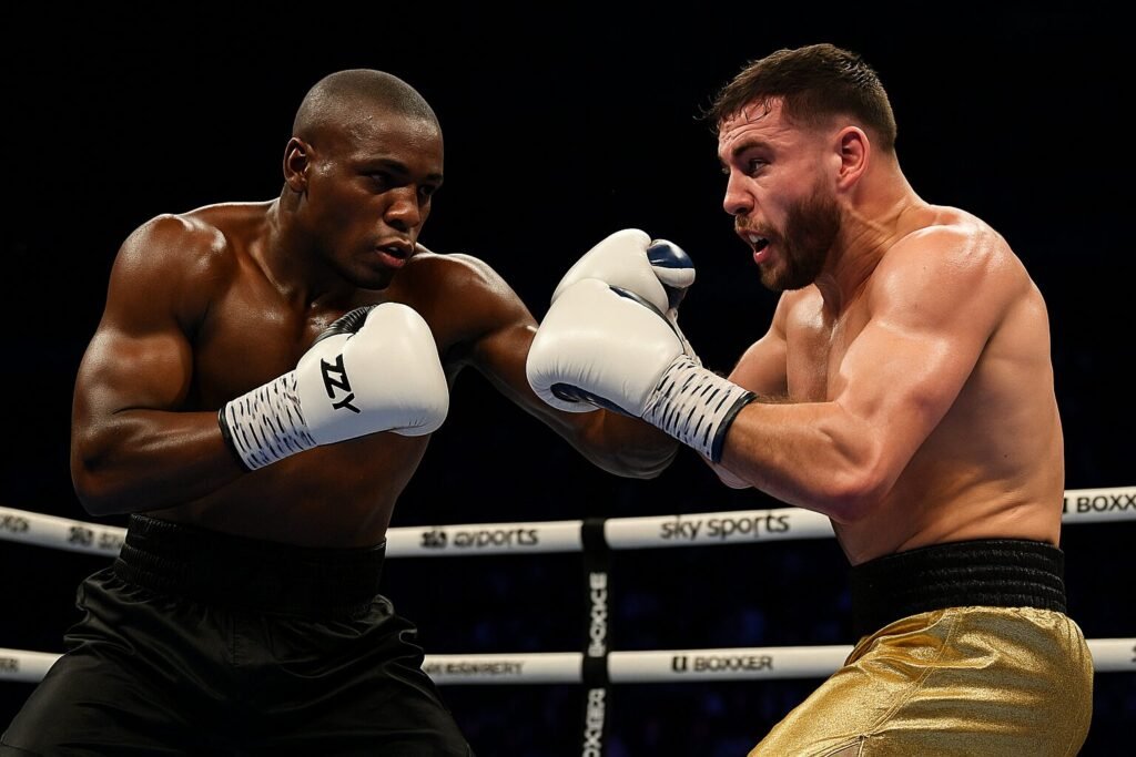 A cinematic wide-shot of a living room filled with boxing fans watching a live boxing event on a big TV screen, with the BBC logo clearly visible on the broadcast.