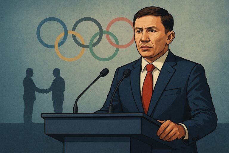 Landscape political illustration of Gennady Golovkin standing at a podium in a suit and red tie, delivering a serious address with Olympic rings behind him and shadowy silhouettes of officials shaking hands, symbolising governance issues, backroom deals, and the uncertain future of Olympic boxing.