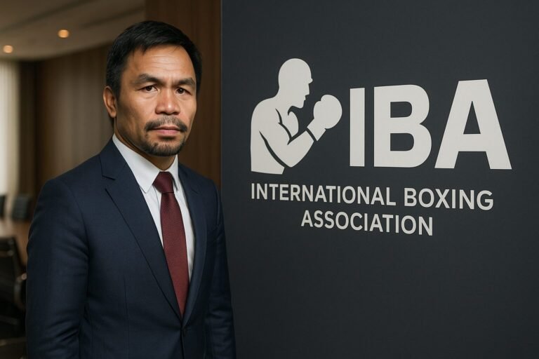 Manny Pacquiao standing in a conference room beside the International Boxing Association (IBA) logo, wearing a navy suit and red tie, symbolising reform, leadership, and transparency in world boxing after years of corruption scandals.”