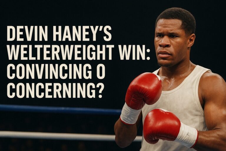 A wide, cinematic boxing image showing a focused welterweight fighter in red gloves under arena lights, with bold headline text questioning whether Devin Haney’s welterweight win was convincing or concerning. Dark background and tense facial expression highlight the uncertainty surrounding his performance.