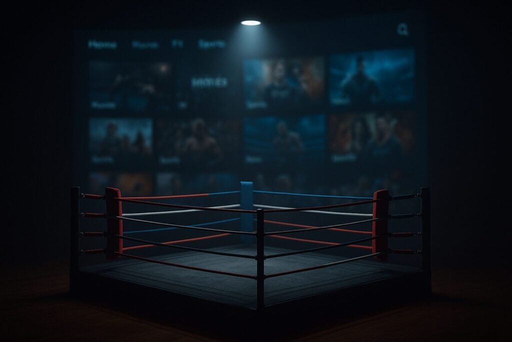 A dimly lit boxing ring under a lone spotlight with a blurred DAZN-style streaming menu in the background, symbolising the commercialisation of British boxing in the DAZN era.