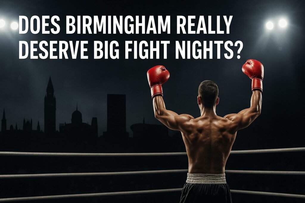 A triumphant boxer raises his gloves in the ring beneath bright arena lights, the Birmingham skyline silhouetted behind him, symbolising the city’s proud boxing heritage and uncertain future as a big fight destination.