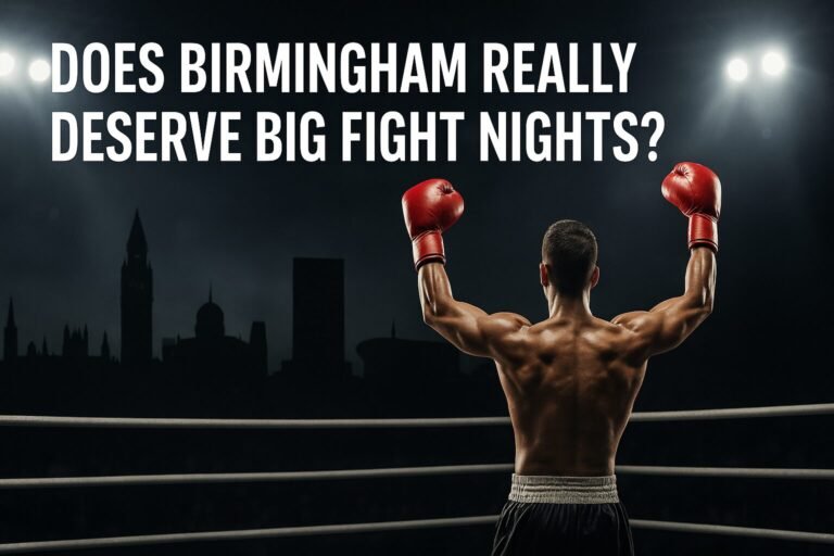 A triumphant boxer raises his gloves in the ring beneath bright arena lights, the Birmingham skyline silhouetted behind him, symbolising the city’s proud boxing heritage and uncertain future as a big fight destination.