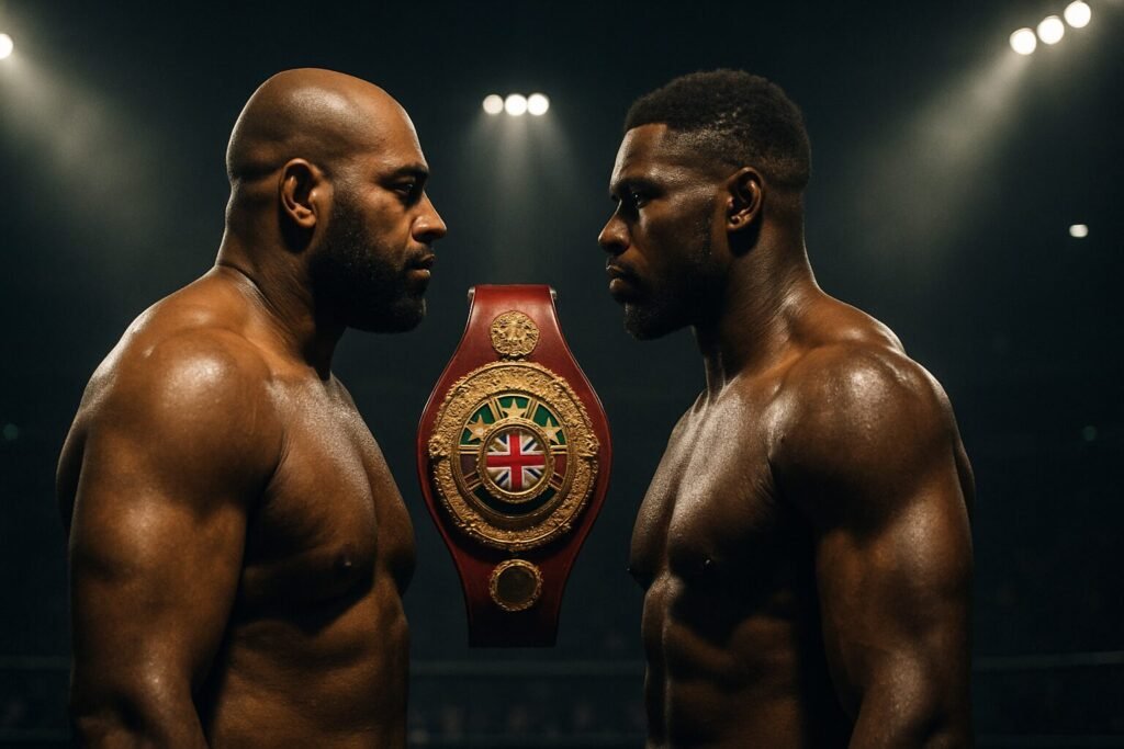 “Two British heavyweight boxers face off under dramatic arena lights with the British title belt between them, creating a tense, cinematic pre-fight atmosphere.”