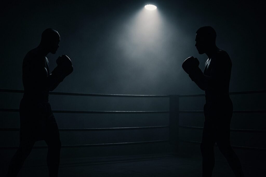 Dark cinematic landscape shot of two silhouetted boxers facing each other in a ring under a single overhead spotlight, symbolising the looming but delayed welterweight showdown between Devin Haney and Conor Benn.