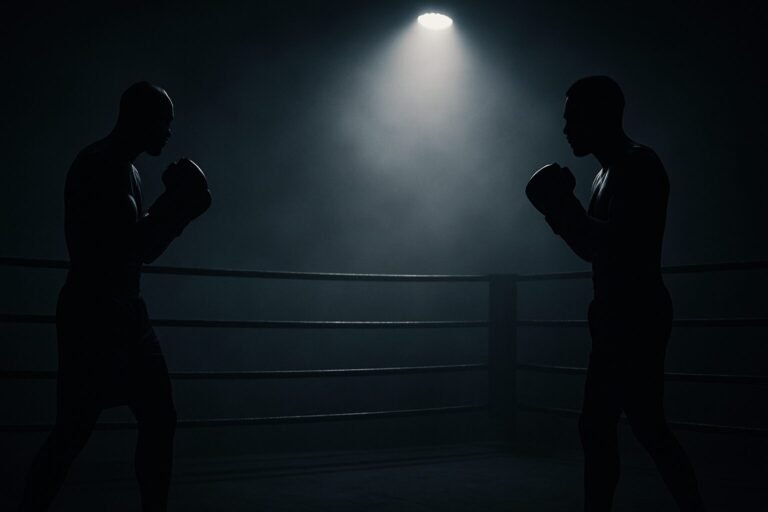 Dark cinematic landscape shot of two silhouetted boxers facing each other in a ring under a single overhead spotlight, symbolising the looming but delayed welterweight showdown between Devin Haney and Conor Benn.