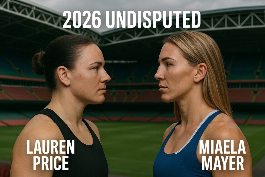 Lauren Price and Mikaela Mayer face off in front of a packed stadium with ‘2026 Undisputed’ displayed above them — symbolising a potential historic women’s boxing main event at Wembley or Cardiff’s Principality Stadium.