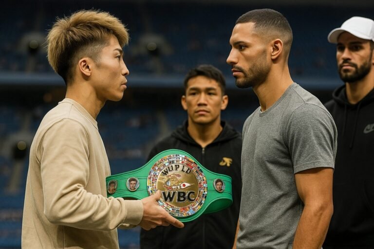 Naoya Inoue handing back the WBC championship belt to an opponent in a dramatic, empty stadium setting, as several featherweight contenders look on from the background, symbolising his move to featherweight.