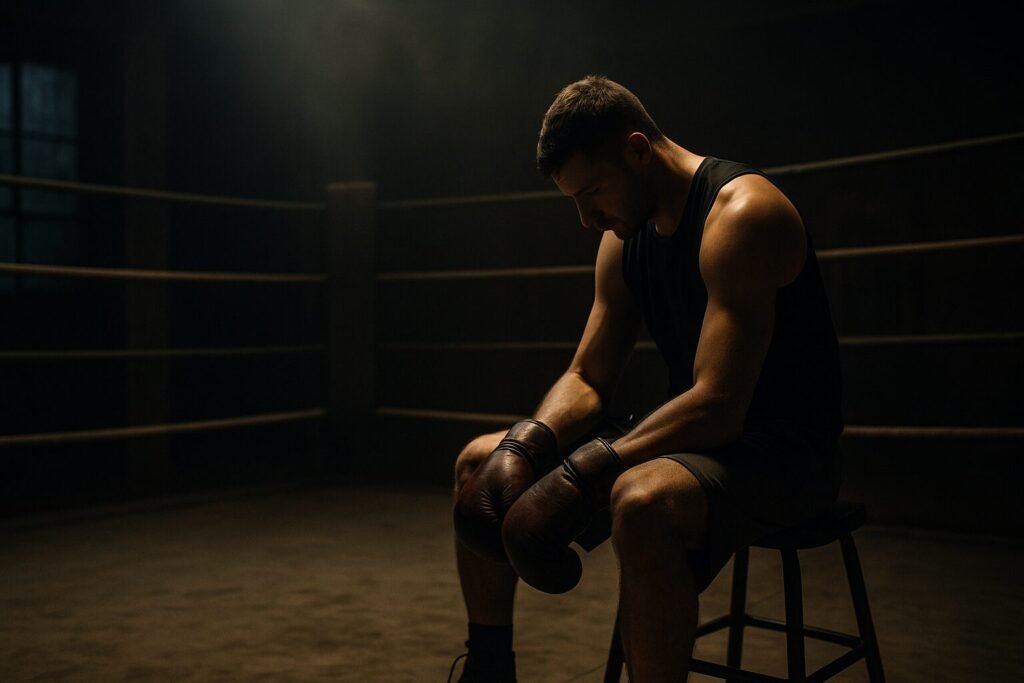 A lone boxer sits on a stool in a dimly lit gym, head bowed under a single spotlight, symbolising the loneliness and lack of loyalty in boxing.”