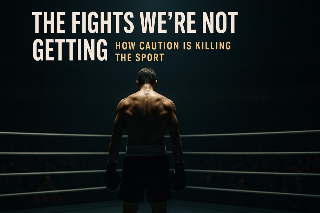 A cinematic, dramatic landscape image of a lone boxer standing in the centre of a dimly lit ring under a single spotlight, symbolising the fights boxing fans never get to see — representing “boxing avoided fights.”