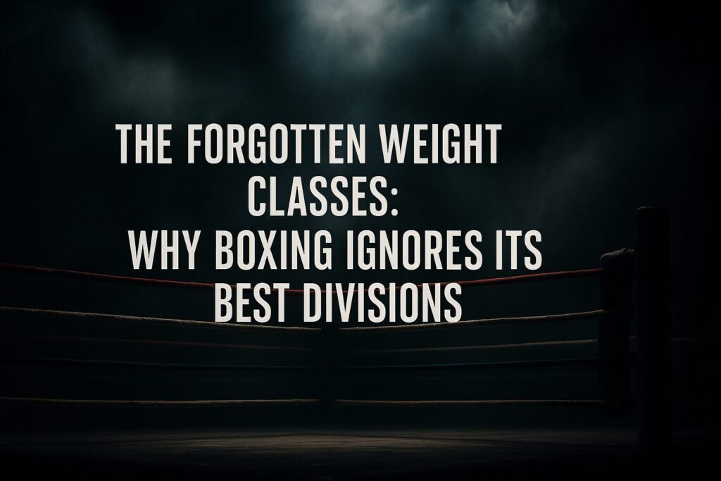 A dimly lit boxing ring under heavy spotlight with smoky shadows filling the background. The ropes fade into darkness, creating a dramatic, atmospheric feel. Bold white text reads: “The Forgotten Weight Classes: Why Boxing Ignores Its Best Divisions.” The scene captures the overlooked, hidden nature of the sport’s smaller weight divisions.