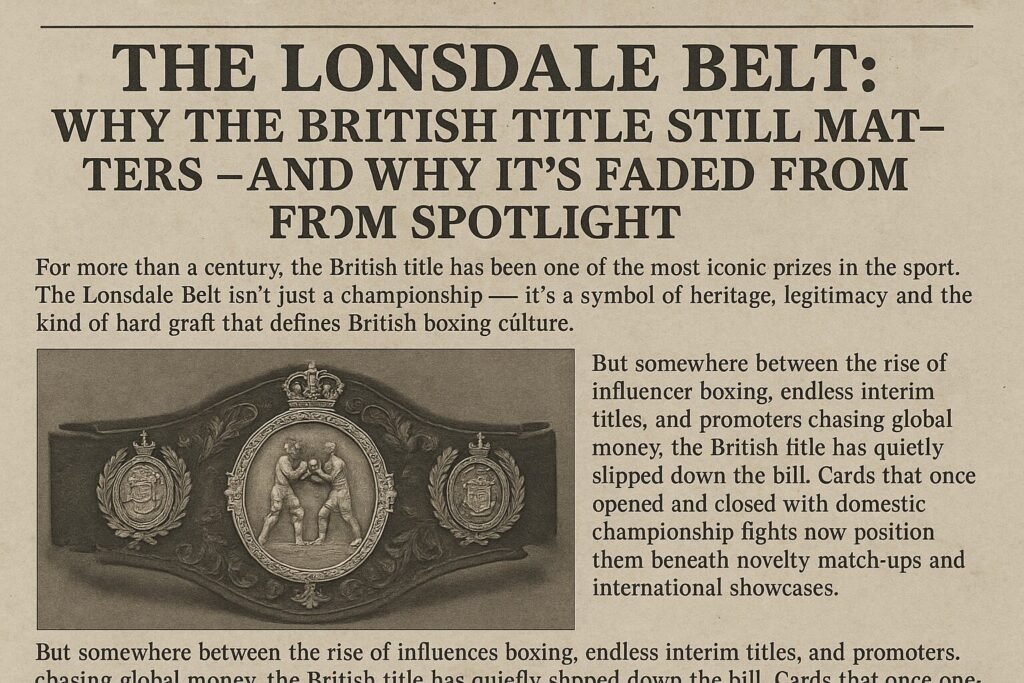 Vintage newspaper-style boxing feature showing an old photograph of the Lonsdale Belt, printed on aged paper with bold headline typography, evoking early 20th-century British boxing history.