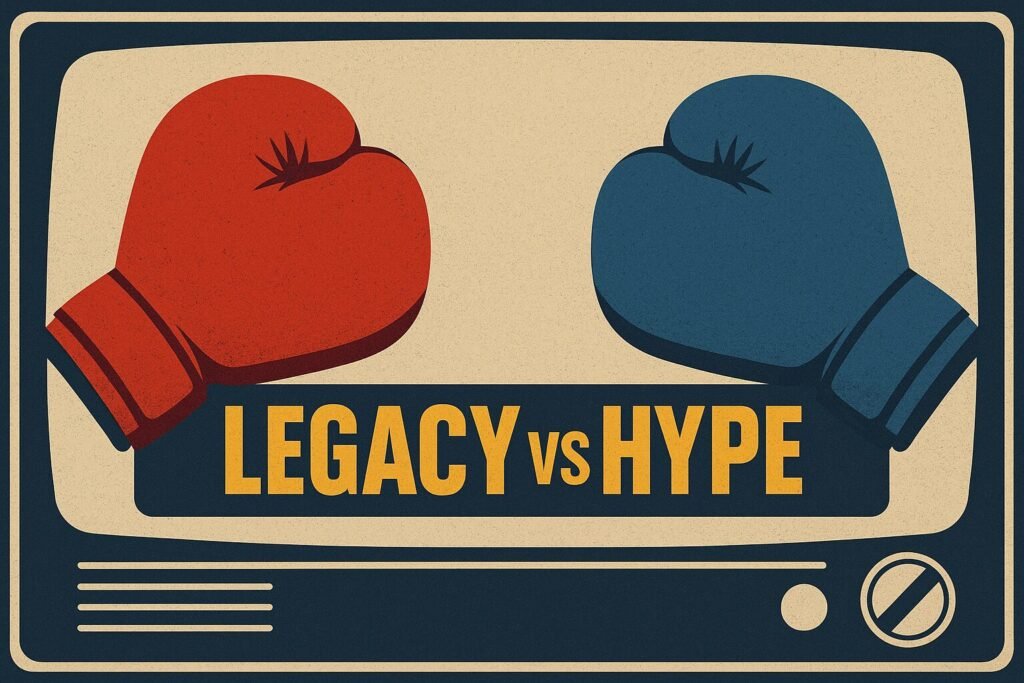 “A vintage 1990s-style boxing poster showing a red and blue glove facing off inside an old television frame with bold text reading ‘Legacy vs Hype,’ symbolising nostalgia, rivalry, and spectacle in boxing.”