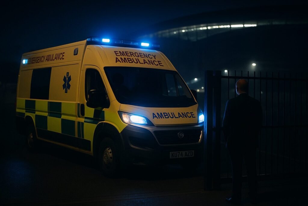 A cinematic night-time image of an ambulance with blue lights flashing, stopped behind a locked metal gate outside a large stadium. A suited figure stands on the other side of the gate, symbolising the tension behind the so-called “Ambulance-Gate” controversy.