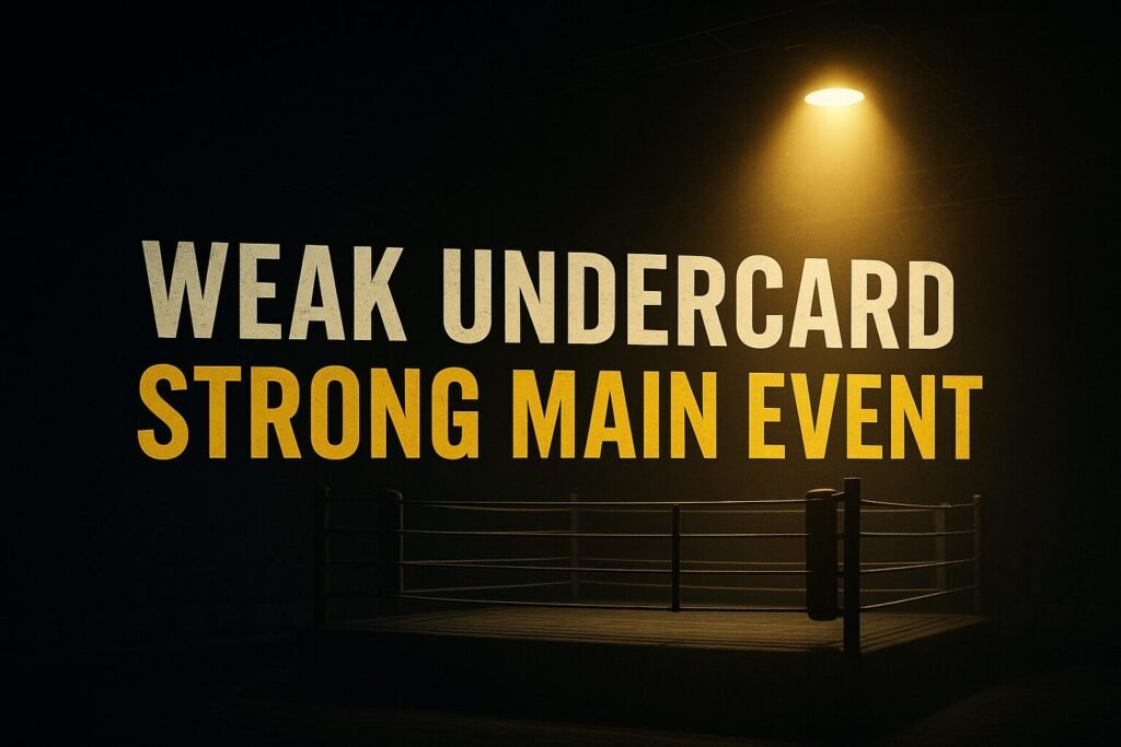 “Cinematic boxing arena under a single spotlight with the words ‘Weak Undercard, Strong Main Event’ glowing above an empty ring, symbolising the imbalance between main events and undercards in modern PPV boxing.”