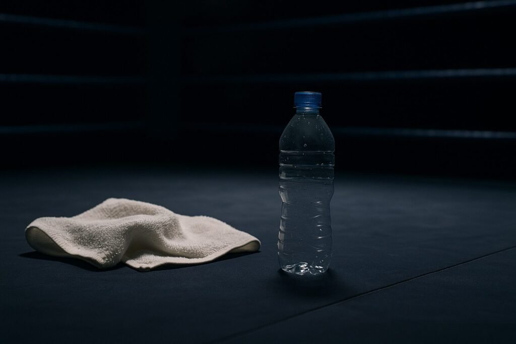 An empty water bottle and a white towel rest on the apron of a dimly lit boxing ring, symbolising exhaustion and rehydration limits.”