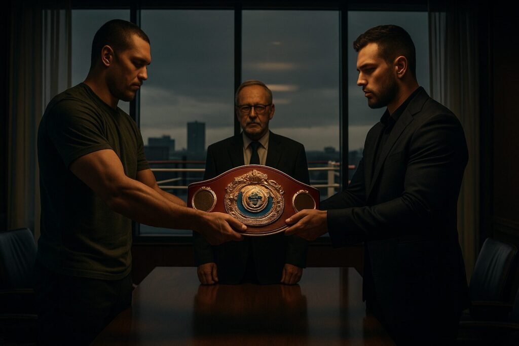 “Dramatic boardroom scene where one boxer hands over a championship belt to another, with an empty boxing ring in the background, symbolising Oleksandr Usyk vacating the WBO title and Fabio Wardley being elevated to champion.”
