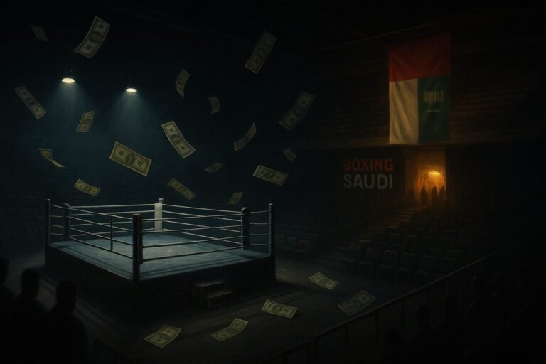 An empty boxing ring under harsh spotlights, surrounded by shadowy spectators, with floating currency notes and Saudi flags in the background — symbolising how promoter greed and overseas influence overshadow boxing in 2026.