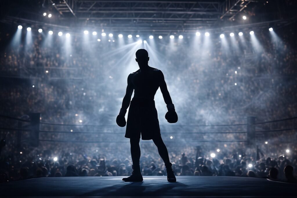 Silhouetted light-heavyweight boxer standing confidently under bright arena lights with a blurred crowd, smoke and camera flashes creating a dramatic Matchroom-style atmosphere.