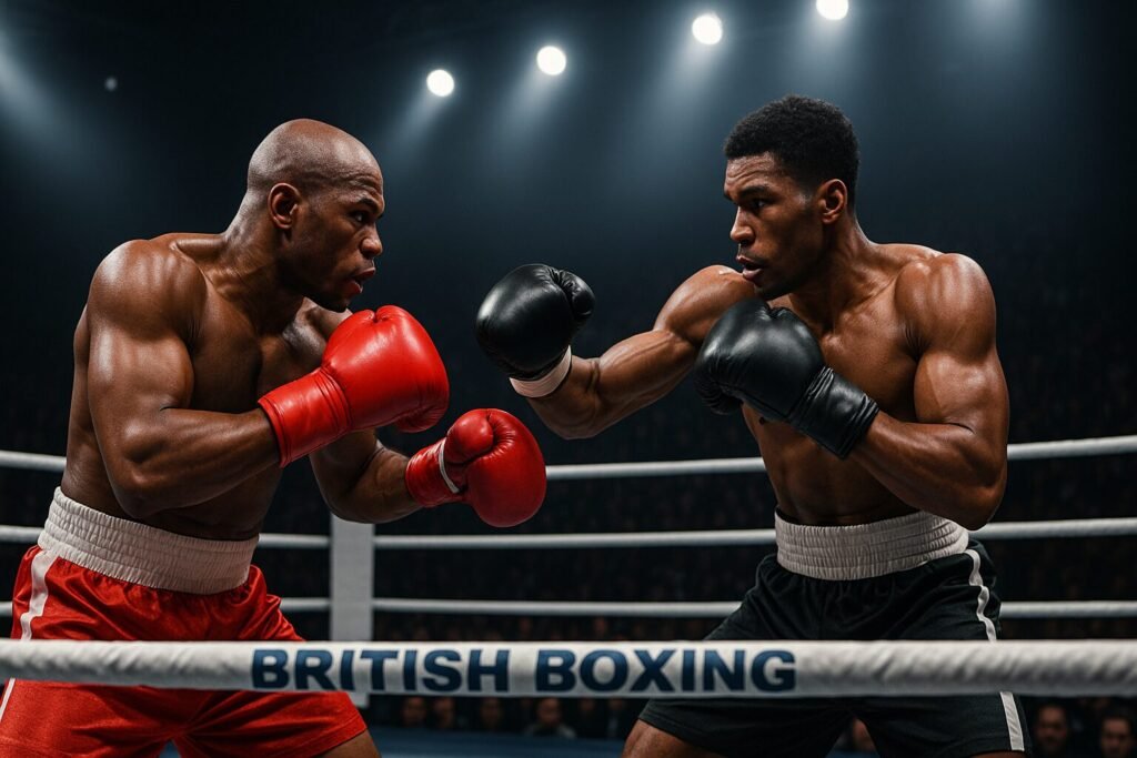“Two generic boxers trading punches in a British boxing ring under bright arena lights, representing competitive 50–50 fights in British boxing.”