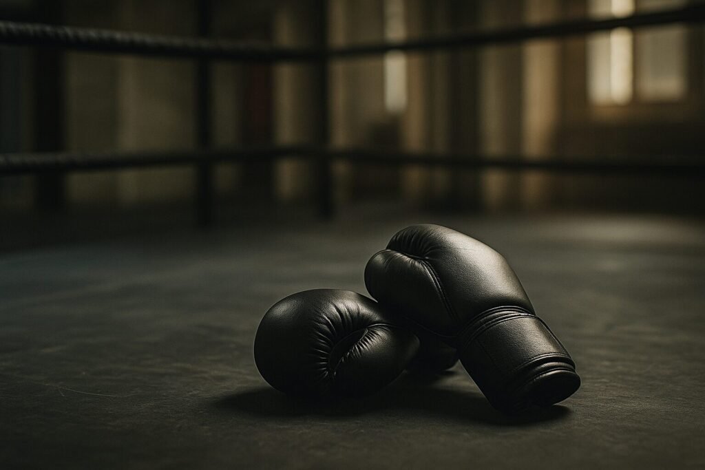 A quiet, respectful tribute-style image showing black boxing gloves resting on a gym floor with soft, natural lighting, symbolising remembrance for a young boxer whose life was tragically cut short.