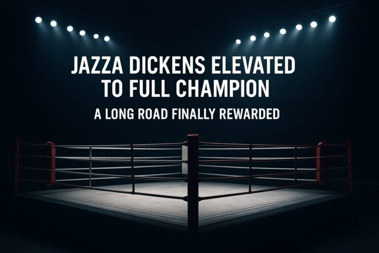 “Dark, atmospheric boxing ring under spotlights with bold headline text announcing Jazza Dickens elevated to full champion – feature image for CMBoxing blog post on Jazza Dickens world champion.”