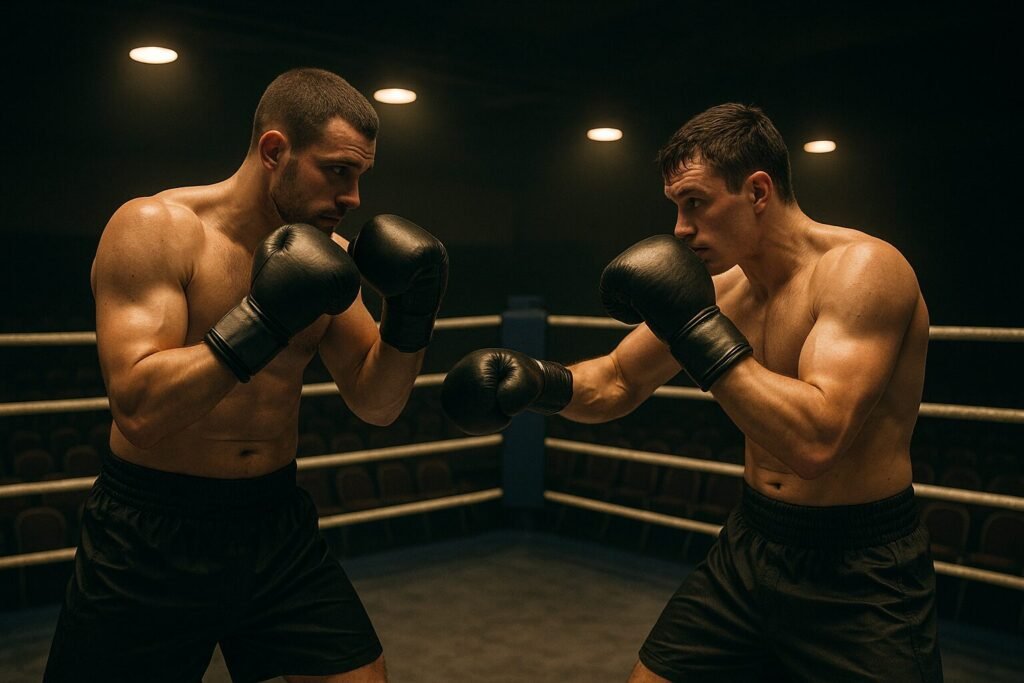 Two generic boxers in a dimly lit small-hall British boxing ring with empty seats behind them, symbolising the boxing small promoters problem and the struggle for opportunities outside major UK promoters.