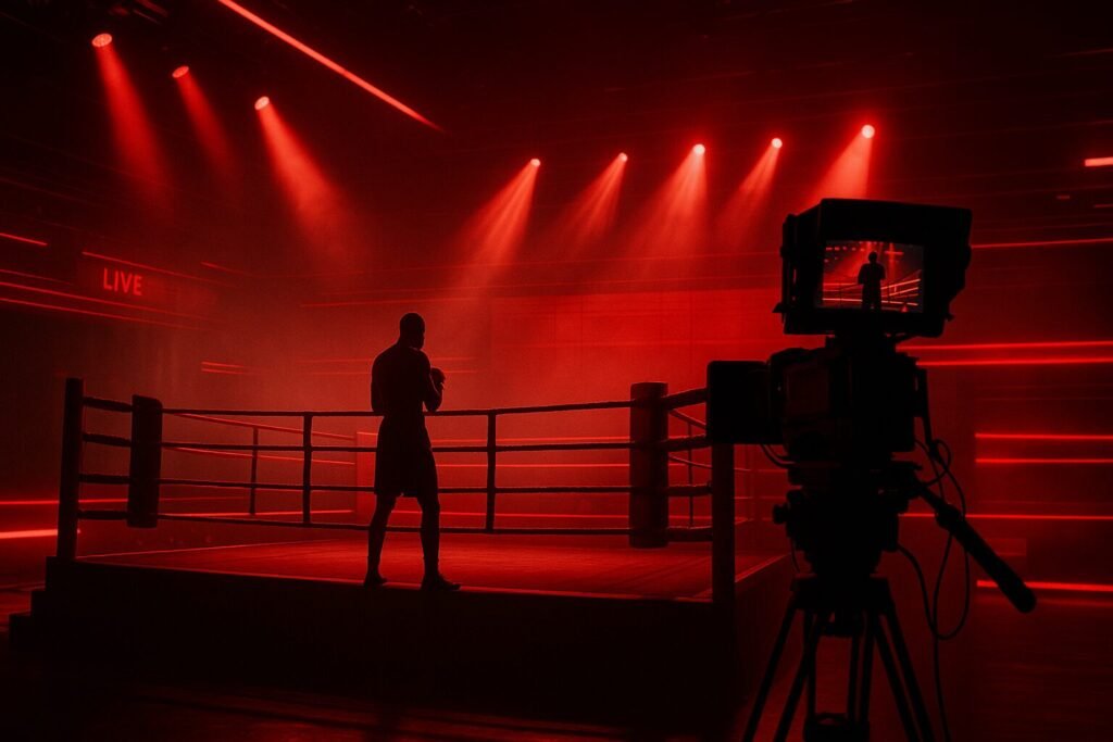 A cinematic red-lit boxing ring inside a TV studio, with a silhouetted boxer standing on the apron and a broadcast camera filming from the foreground, beams of overhead light cutting through haze to create a dramatic live-broadcast atmosphere