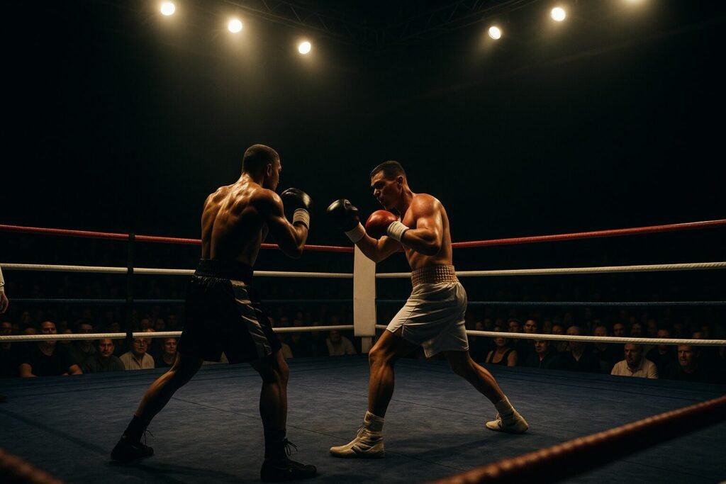 A wide, cinematic shot of two boxers trading punches under bright overhead lights inside a packed small-hall arena. The fighters are silhouetted slightly by the lighting, highlighting the grit and intensity typical of a British Area title fight. The close crowd, intimate atmosphere and raw action reflect the spirit of Bowen vs Cowling’s chief support war.