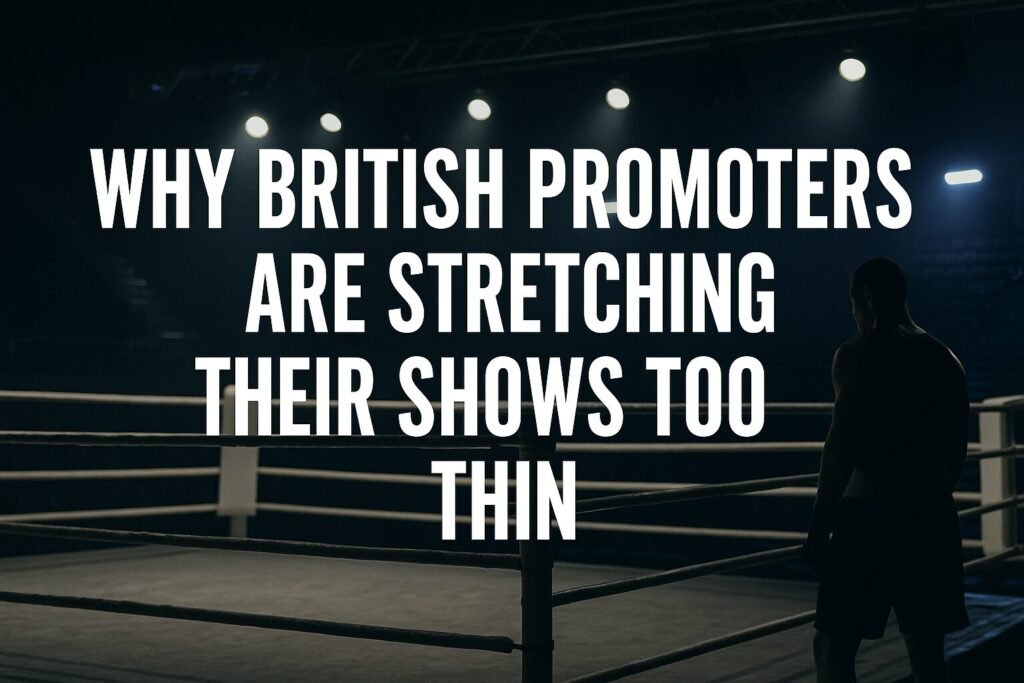 A dimly lit boxing arena with a lone silhouetted fighter standing at ringside, looking towards an empty ring under bright overhead lights. Large white text overlays the scene reading “Why British Promoters Are Stretching Their Shows Too Thin,” creating a dramatic, atmospheric representation of the article’s theme.