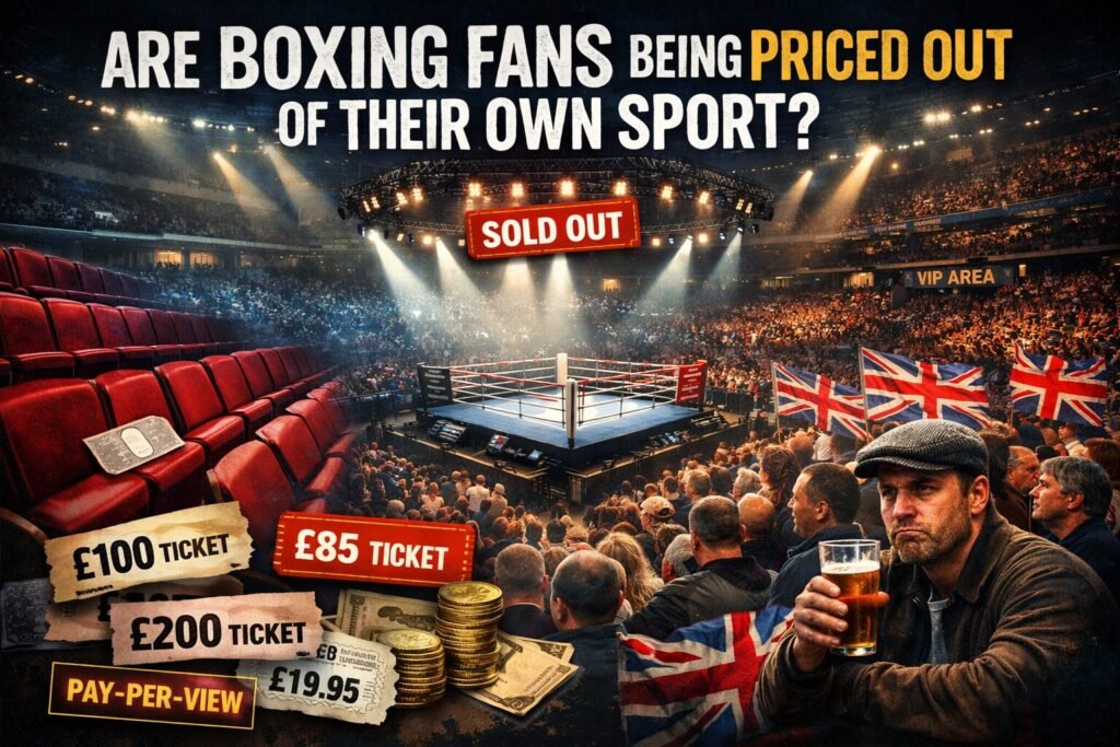 Landscape illustration showing a packed UK boxing arena with empty red seats in the foreground, a brightly lit boxing ring under a “sold out” sign, frustrated British boxing fans holding Union Jack flags, and ticket price graphics (£85, £100, £200) highlighting rising boxing ticket prices in the UK and fans being priced out of live boxing.