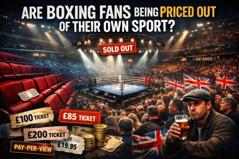 Landscape illustration showing a packed UK boxing arena with empty red seats in the foreground, a brightly lit boxing ring under a “sold out” sign, frustrated British boxing fans holding Union Jack flags, and ticket price graphics (£85, £100, £200) highlighting rising boxing ticket prices in the UK and fans being priced out of live boxing.