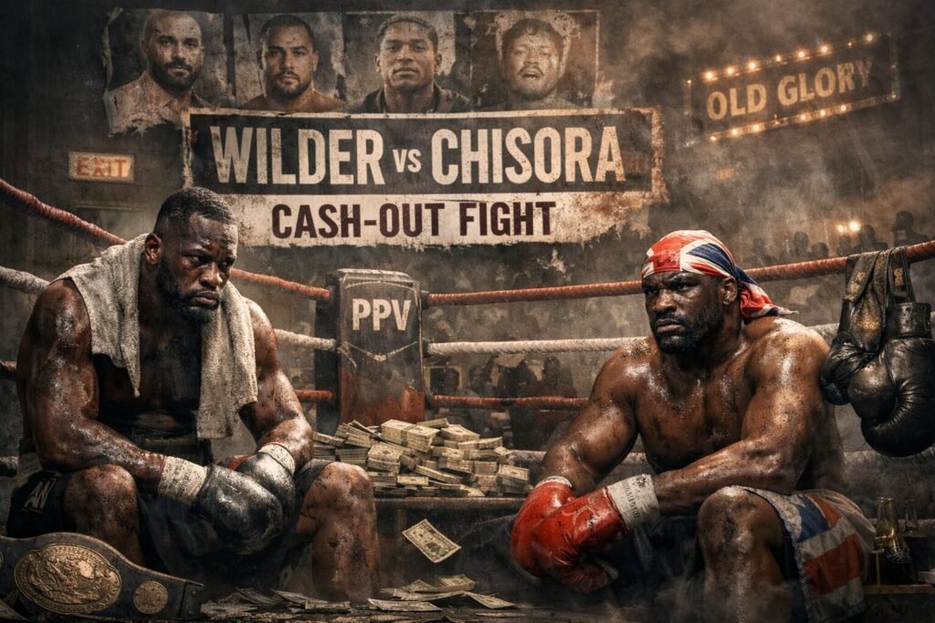Deontay Wilder and Derek Chisora sit exhausted in a worn boxing ring beneath a faded Wilder vs Chisora banner, symbolising a controversial cash-out bout and wider Wilder Chisora fight criticism within heavyweight boxing.