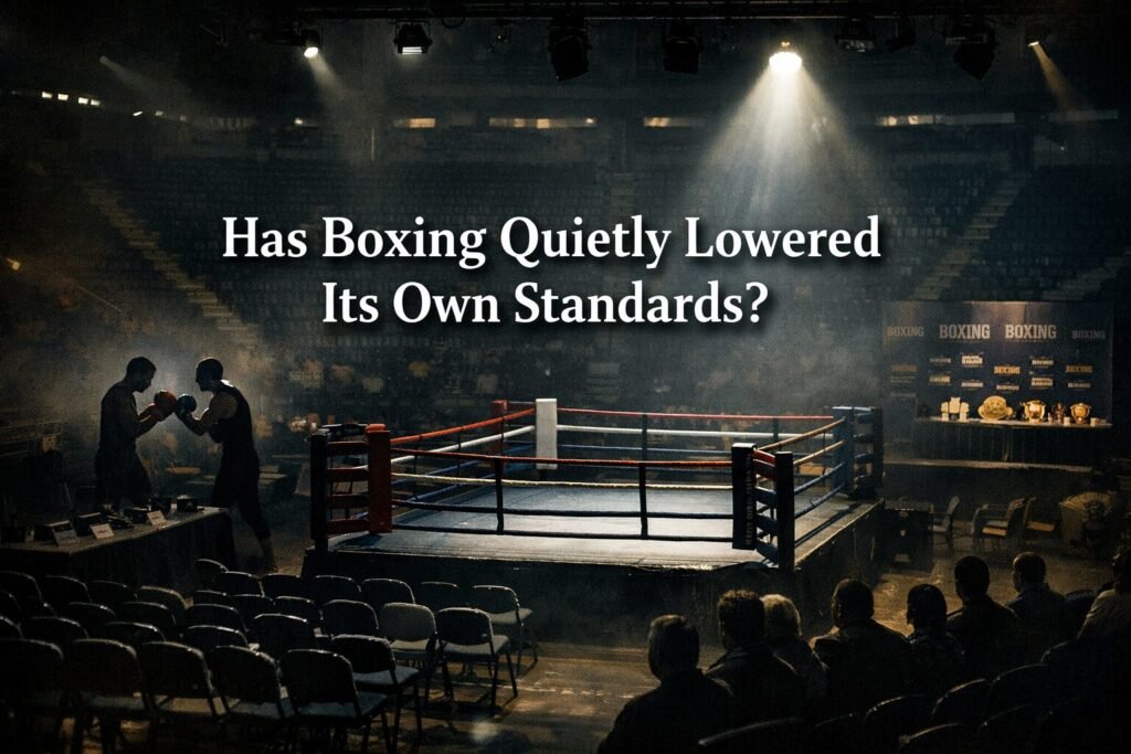 A dimly lit boxing arena with an empty ring under a spotlight and silhouetted fighters at ringside, symbolising the decline in boxing standards and the sport’s shift towards selling narratives over competitive fights.