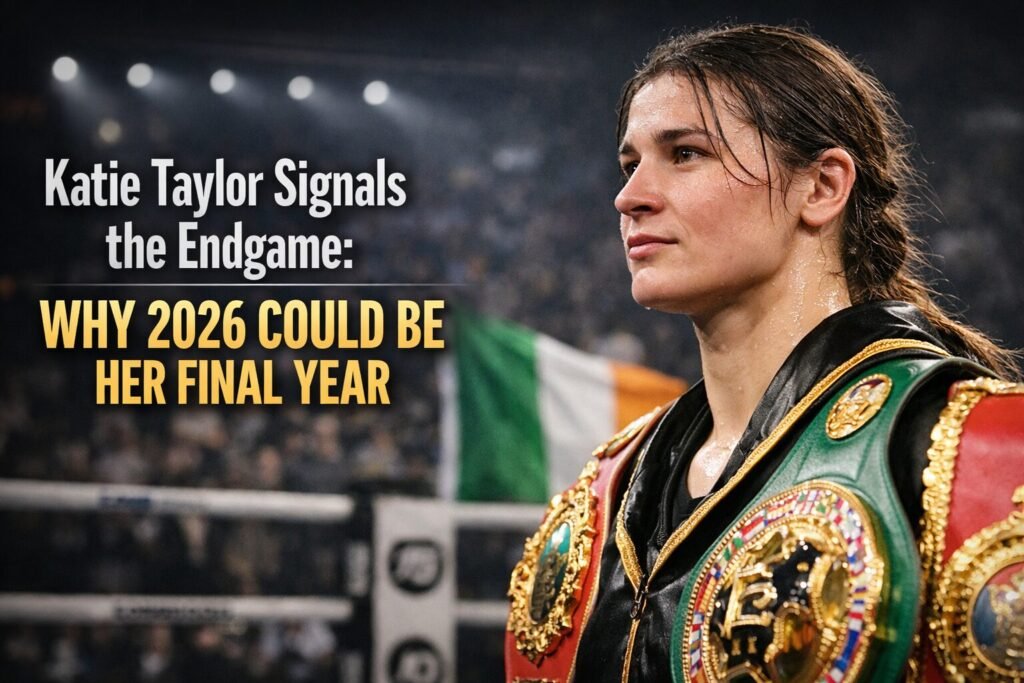 Katie Taylor wearing world championship belts in the ring after a fight, as discussion grows around Katie Taylor retirement in 2026 and the final phase of her boxing career.