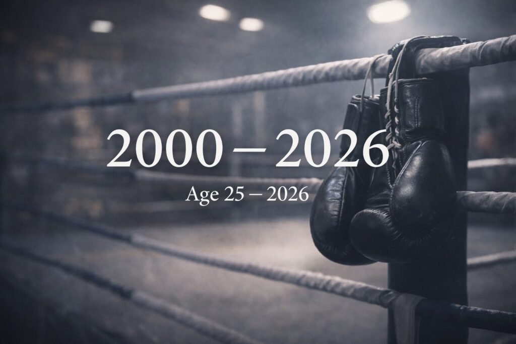 Memorial boxing image showing black gloves hanging from ring ropes with the dates 2000–2026 and age 25, paying tribute to boxer Paul McCullagh Jr.
