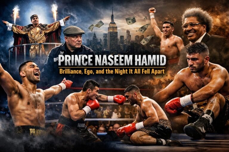 Landscape feature image showing Prince Naseem Hamid’s rise and fall, with moments from his flamboyant ring entrances, championship wins, and his defeat to Marco Antonio Barrera, illustrating the highs, ego, and turning point of the Prince Naseem Hamid career.