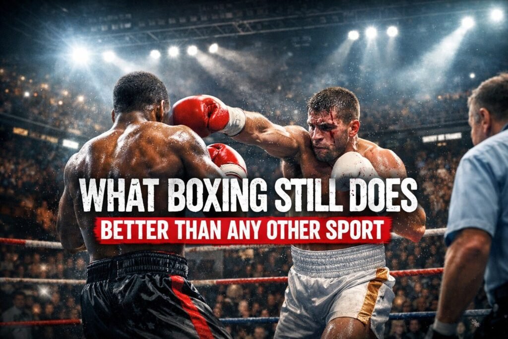 Landscape feature image showing two boxers trading punches under bright arena lights with the headline “What Boxing Still Does Better Than Any Other Sport