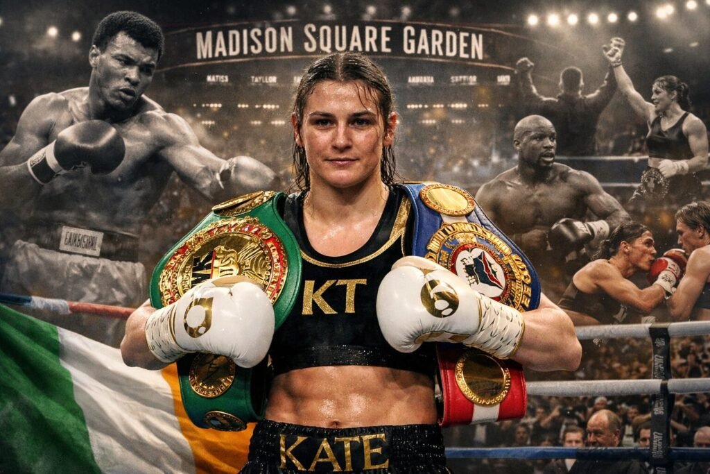 Katie Taylor stands in the boxing ring wearing multiple world title belts at Madison Square Garden, with historic boxing imagery in the background, symbolising her legacy as one of the greatest boxers of all time.