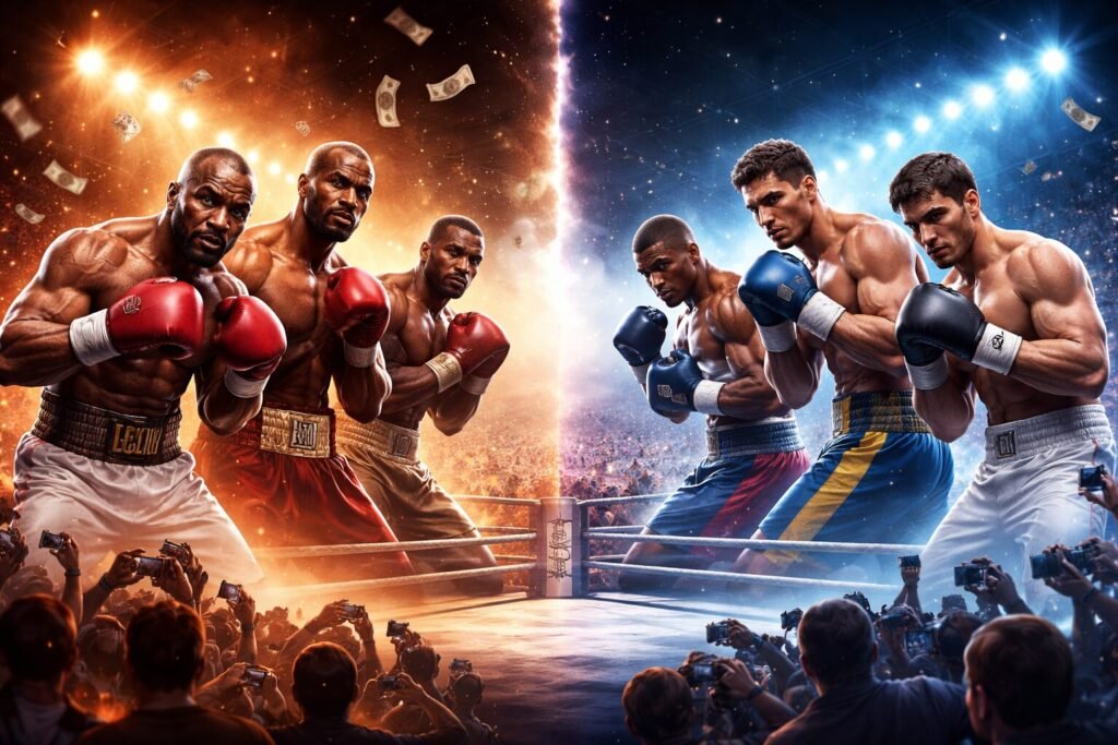 Split boxing ring image showing famous veteran fighters facing younger prospects under bright lights, illustrating the boxing familiar names problem and how nostalgia-driven matchups stall division progress.
