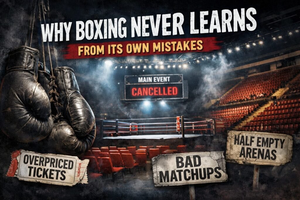 Empty boxing arena with a dimly lit ring and worn gloves hanging in the foreground, symbolising boxing’s repeated mistakes around poor matchmaking, rising ticket prices and declining fan attendance.