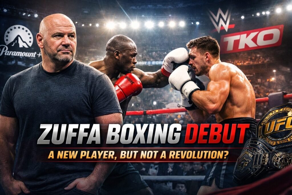 Dana White pictured alongside a boxing ring during Zuffa Boxing’s debut event, with fighters in action under bright arena lights, reflecting the launch of Zuffa Boxing as a new but familiar presence in the sport.