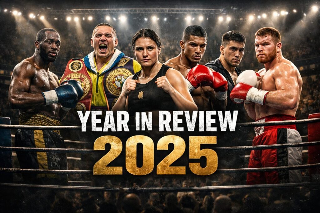 Landscape feature image showing a boxing ring with multiple elite fighters from different weight classes under bright arena lights, representing the best boxing fights of 2025 in a year-in-review season roundup.